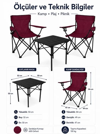 2 Sandalyeli Katlanır Kamp Seti 52 cm Masa ve Sandalye