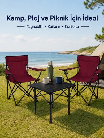 2 Sandalyeli Katlanır Kamp Seti 52 cm Masa ve Sandalye