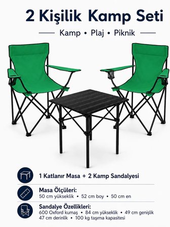 2 Sandalyeli Katlanır Kamp Seti 52 cm Masa ve Sandalye