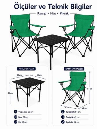 2 Sandalyeli Katlanır Kamp Seti 52 cm Masa ve Sandalye