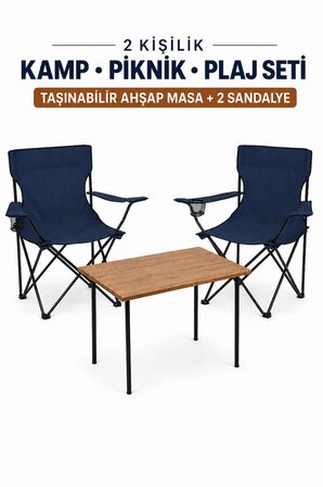 2 Sandalyeli Katlanır Kamp Masa Sandalye Seti 60x45 cm 3 Parça