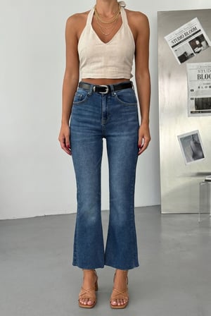 Kadın İspanyol Paça Jean Pantolon-Yüksek Bel Fit Flare Denim