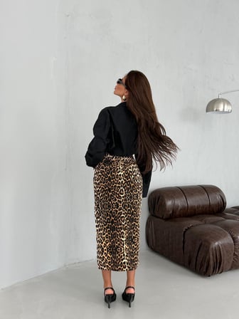 HerTon Yırtmaçlı Leopar Desenli Midi Boy Denim Etek - %100 Pamuklu