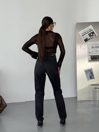 Çapraz Bel Tasarım Mavi Denim Pantolon - Yüksek Bel Mom/Straight Fit