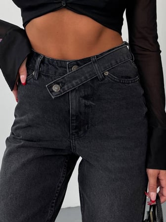 Çapraz Bel Tasarım Mavi Denim Pantolon - Yüksek Bel Mom/Straight Fit