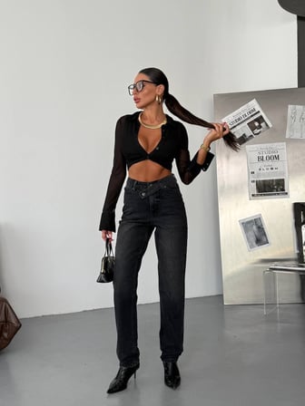 Çapraz Bel Tasarım Mavi Denim Pantolon - Yüksek Bel Mom/Straight Fit