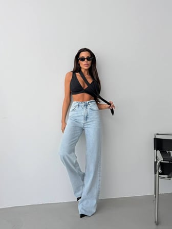 Yüksek Bel Jean Pantolon – %100 Pamuk, Geniş Paça (Flare/Wide Leg), Retro 90’lar Stil Kadın Denim