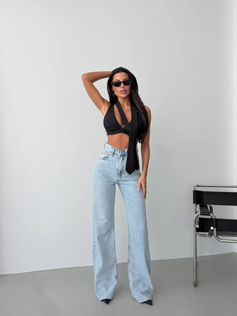 Yüksek Bel Jean Pantolon – %100 Pamuk, Geniş Paça (Flare/Wide Leg), Retro 90’lar Stil Kadın Denim