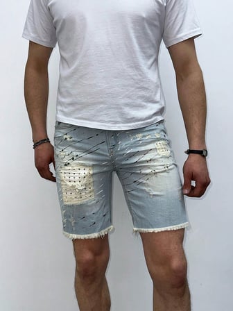Buz Mavi Yırtık Detaylı Slim Fit Jean Şort