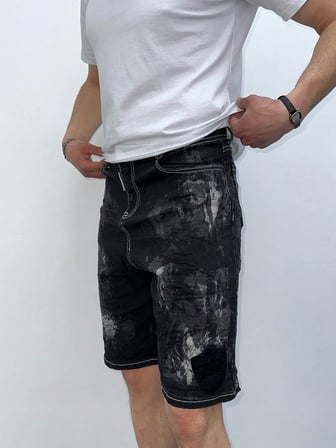Casual Fit Eskitme Desenli Siyah Kot Şort