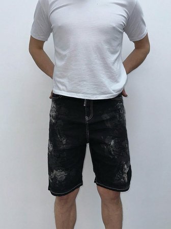Casual Fit Eskitme Desenli Siyah Kot Şort