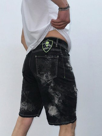 Casual Fit Eskitme Desenli Siyah Kot Şort