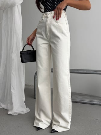 Kadın Beyaz Yüksek Bel Wide Leg Jean Pantolon – Bol Paça Denim Pantolon