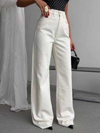 Kadın Beyaz Yüksek Bel Wide Leg Jean Pantolon – Bol Paça Denim Pantolon