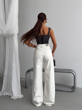 Kadın Beyaz Yüksek Bel Wide Leg Jean Pantolon – Bol Paça Denim Pantolon