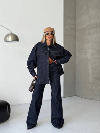 Kadın Koyu Lacivert Denim Takım – Oversize Jean Ceket & Yüksek Bel Wide Leg Pantolon Takım