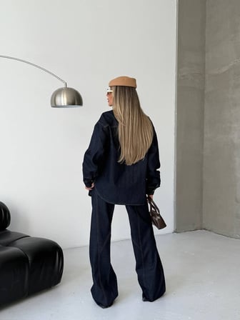 Kadın Koyu Lacivert Denim Takım – Oversize Jean Ceket & Yüksek Bel Wide Leg Pantolon Takım