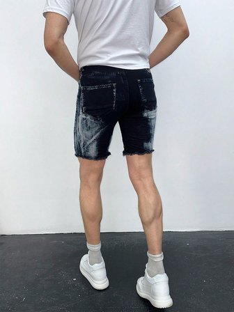 Erkek Koyu Mavi Yıkamalı Yırtık Detay Slim Fit Jean Şort