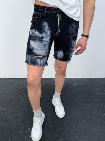 Erkek Koyu Mavi Yıkamalı Yırtık Detay Slim Fit Jean Şort
