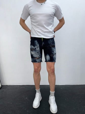 Erkek Koyu Mavi Yıkamalı Yırtık Detay Slim Fit Jean Şort