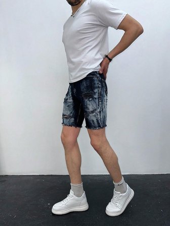 Erkek Koyu Mavi Yıkamalı Yırtık Detay Slim Fit Jean Şort