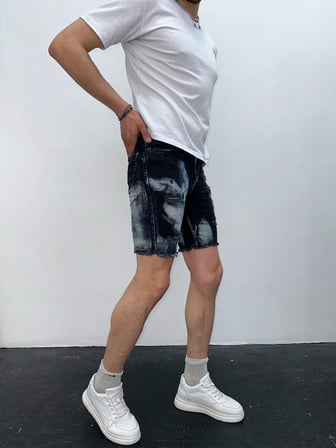 Erkek Koyu Mavi Yıkamalı Yırtık Detay Slim Fit Jean Şort