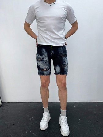 Erkek Koyu Mavi Yıkamalı Yırtık Detay Slim Fit Jean Şort