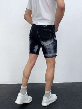 Erkek Koyu Mavi Yıkamalı Yırtık Detay Slim Fit Jean Şort