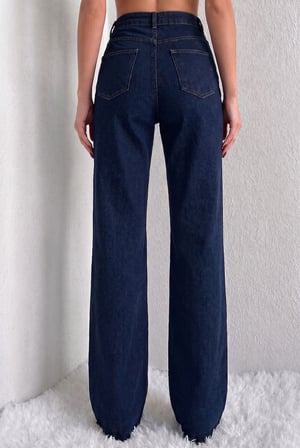 Kadın Koyu Lacivert Yüksek Bel Bol Paça Jean Pantolon