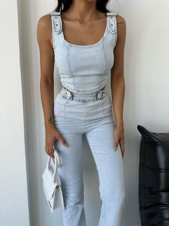 Kadın Açık Mavi Denim Crop Bluz ve Yüksek Bel İspanyol Paça Jean Takım