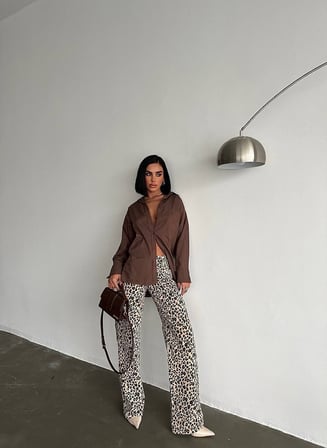 Kadın Leopar Desenli İspanyol Paça Pantolon
