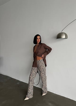 Kadın Leopar Desenli İspanyol Paça Pantolon