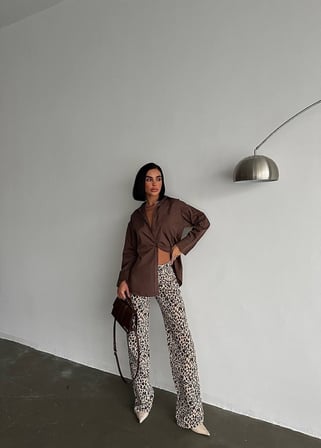 Kadın Leopar Desenli İspanyol Paça Pantolon