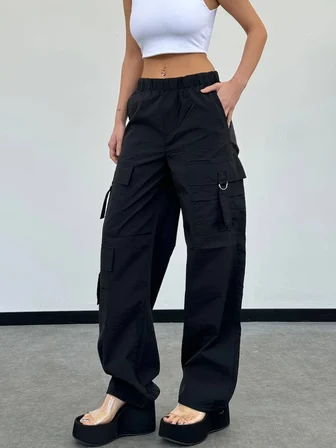 Kadın Kargo Cepli Lastik Bel Oversize Paraşüt Pantolon