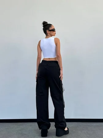 Kadın Kargo Cepli Lastik Bel Oversize Paraşüt Pantolon
