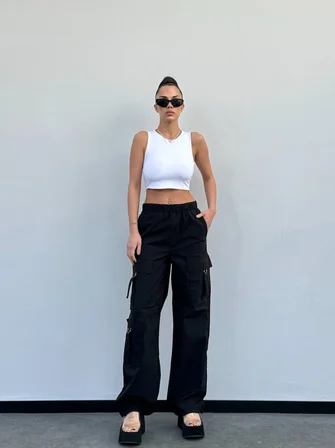 Kadın Kargo Cepli Lastik Bel Oversize Paraşüt Pantolon