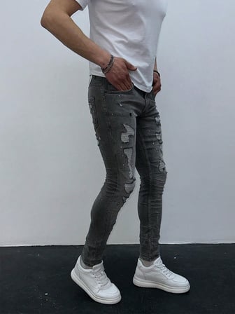 Erkek Gri Yıkamalı Yırtık Detay Slim Fit Likralı Skinny Jean Pantolon