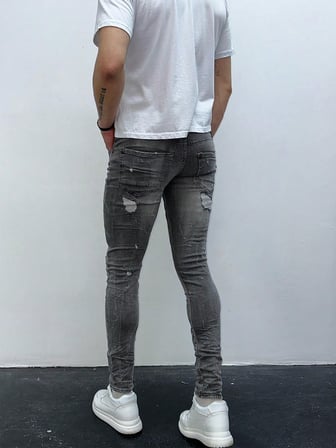 Erkek Gri Yıkamalı Yırtık Detay Slim Fit Likralı Skinny Jean Pantolon