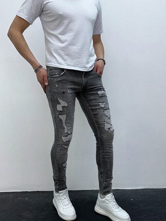 Erkek Gri Yıkamalı Yırtık Detay Slim Fit Likralı Skinny Jean Pantolon