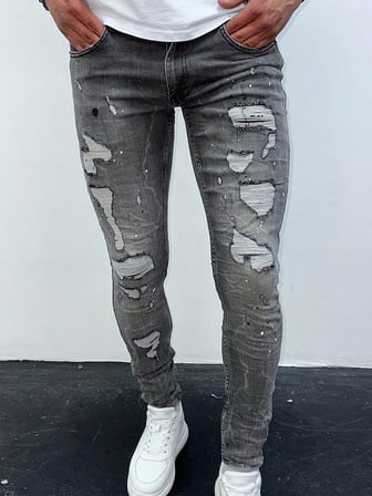 Erkek Gri Yıkamalı Yırtık Detay Slim Fit Likralı Skinny Jean Pantolon
