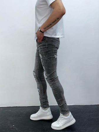 Erkek Gri Yıkamalı Yırtık Detay Slim Fit Likralı Skinny Jean Pantolon