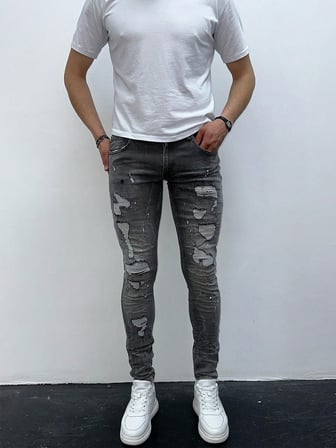 Erkek Gri Yıkamalı Yırtık Detay Slim Fit Likralı Skinny Jean Pantolon
