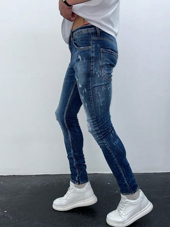 Erkek Mavi Taşlamalı Yırtık Detay Slim Fit Likralı Skinny Jean Pantolon