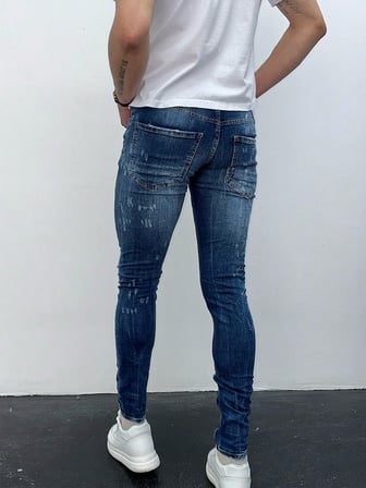 Erkek Mavi Taşlamalı Yırtık Detay Slim Fit Likralı Skinny Jean Pantolon
