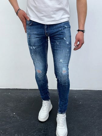 Erkek Mavi Taşlamalı Yırtık Detay Slim Fit Likralı Skinny Jean Pantolon
