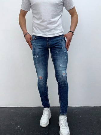 Erkek Mavi Taşlamalı Yırtık Detay Slim Fit Likralı Skinny Jean Pantolon