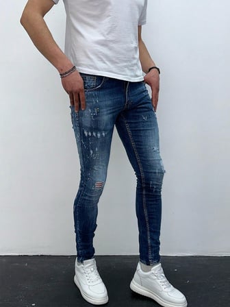 Erkek Mavi Taşlamalı Yırtık Detay Slim Fit Likralı Skinny Jean Pantolon