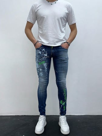 Erkek Mavi Baskı Detaylı Slim Fit Likralı Skinny Jean Pantolon