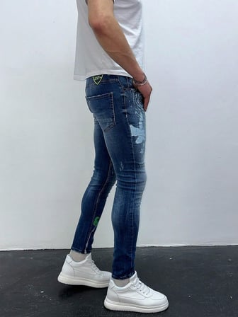 Erkek Mavi Baskı Detaylı Slim Fit Likralı Skinny Jean Pantolon