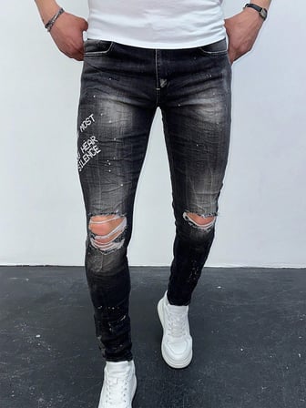 Erkek Füme Yazı Baskılı Yırtık Detay Slim Fit Skinny Jean Pantolon